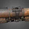 Rusty Industrial Oil Tanker Equipment With Ladder Pipes On Rail Tracks