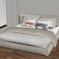 Modern Kids Room Interior With Beige Upholstered Bed Patterned Pillows Window Blinds And Wooden Floor
