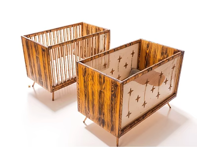 Modern Wooden Baby Cribs With Striped Texture And Star Patterns On Sides 3d model