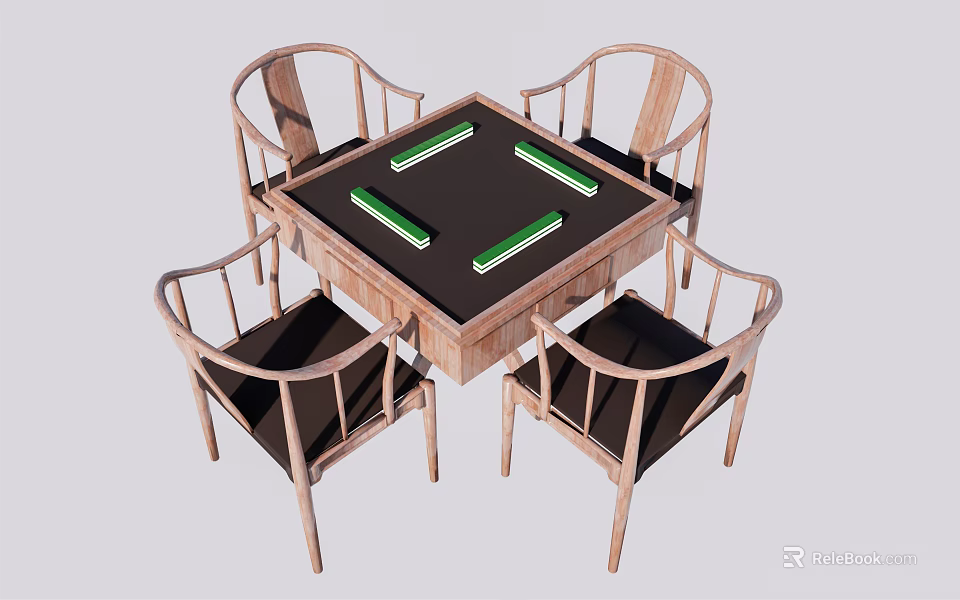 Entertainment Table With Four Wooden Chairs And Green Tiles For Leisure Activities 3d model