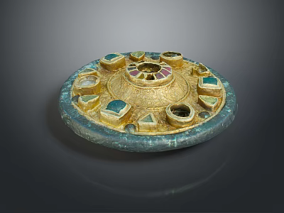 Exquisite Ancient Round Decorative Artifact With Gold Inlay Colored Gemstones And Blue Rim 3d model