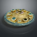 Exquisite Ancient Round Decorative Artifact With Gold Inlay Colored Gemstones And Blue Rim