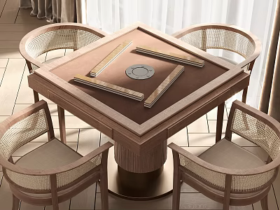 Square Entertainment Table with Rattan Chairs Mahjong Tiles and Round Tray in Modern Home Interior 3d model