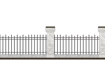 Building Exterior Wall Featuring Iron Fence Stone Pillars And Stone Slab Base 3d model