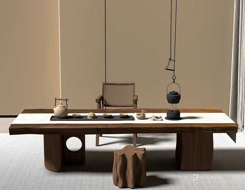 Elegant Tea Set Arranged On Wooden Long Table With Hanging Lamps And Natural Ambiance 3d model 