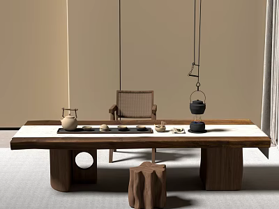Elegant Tea Set Arranged On Wooden Long Table With Hanging Lamps And Natural Ambiance 3d model