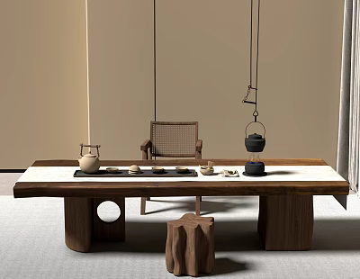Elegant Tea Set Arranged On Wooden Long Table With Hanging Lamps And Natural Ambiance 3d model