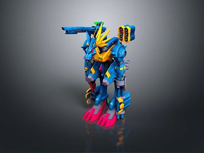 Detailed Blue And Yellow Mechanical Creature Warrior With Pink Claws And Cannon Armor 3d model