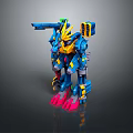 Detailed Blue And Yellow Mechanical Creature Warrior With Pink Claws And Cannon Armor 3d model