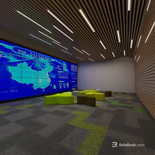 Modern Monitoring Room With Large Screen Map Data Yellow Brown Sofas Long Ceiling Lights 3d model 