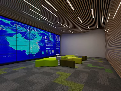 Modern Monitoring Room With Large Screen Map Data Yellow Brown Sofas Long Ceiling Lights 3d model
