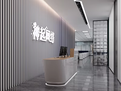 Modern Office Reception Desk With White Counter Vertical Striped Wall Computer And Bright Lighting 3d model