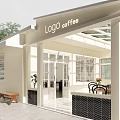 Elegant Dessert Shop Interior With Chandelier Table Chairs Open Doors Terrace And Wooden Floor