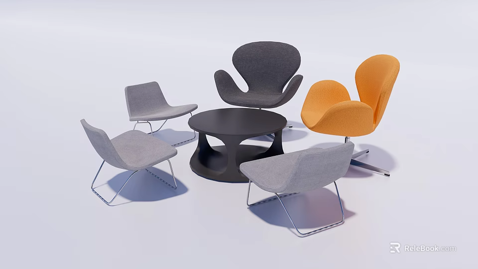Modern Accent Chairs in Gray and Orange with Round Black Coffee Table 3d model 