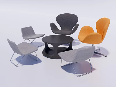 Modern Accent Chairs in Gray and Orange with Round Black Coffee Table 3d model