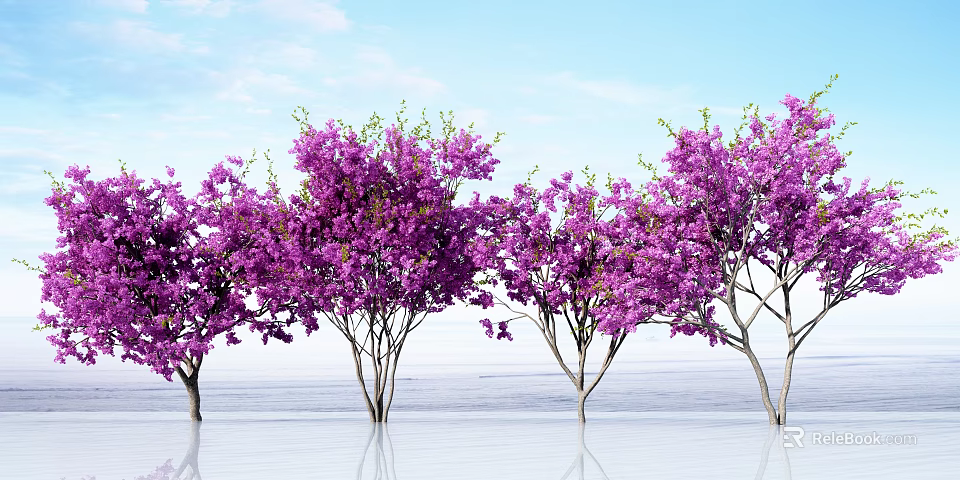 Purple Flowering Trees With Lush Blooms Against Blue Sky And Water Reflection 3d model 