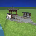 Traditional Chinese Style Pavilion With Stone Path Benches And Grass Lawn Under Blue Sky