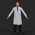 Man Wearing White Lab Coat Black Pants Tie With Arms Naturally Hanging Against Dark Background