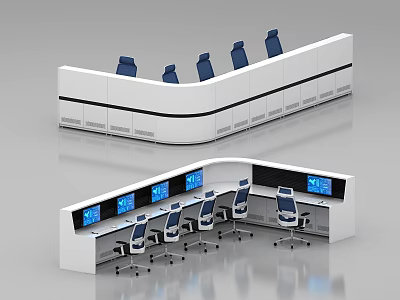 Modern Control Room Workstation Setup With Monitoring Consoles Multiple Screens And Ergonomic Chairs 3d model