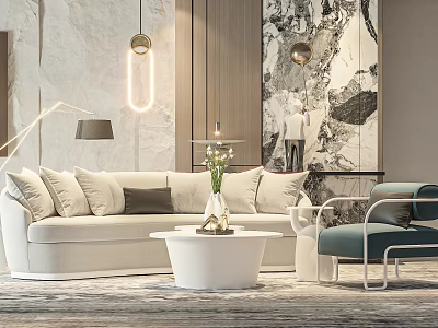 Modern Living Room Sofa and Coffee Table Set With Decorative Painting Floor Lamp and Pillows 3d model