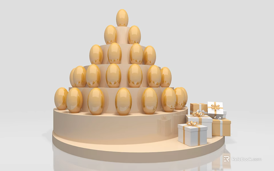 Elegant Golden Eggs Pyramid Display With Decorative Gift Boxes On Stand 3d model 