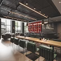 Modern Bar Interior With Natural Light Dark Furniture And Red Liquor Shelves