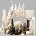 Elegant Decorative Ornament Set With Glass Metallic Vases Dried Flowers And Table Lamp