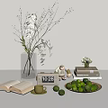 Decorative Ornament Set with Vase Flower Branches Calendar Bear Figurine Books and Limes