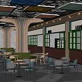 Elegant Restaurant Interior With Square Colored Glass Ceiling Design And Wooden Pillars