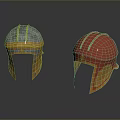 Ancient Weapon Helmets With Silver And Pink Finishes And Intricate Golden Decorations