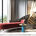 Elegant Red Black Chaise Lounge With Small Blue Table Modern Lamp And Large Window Curtains