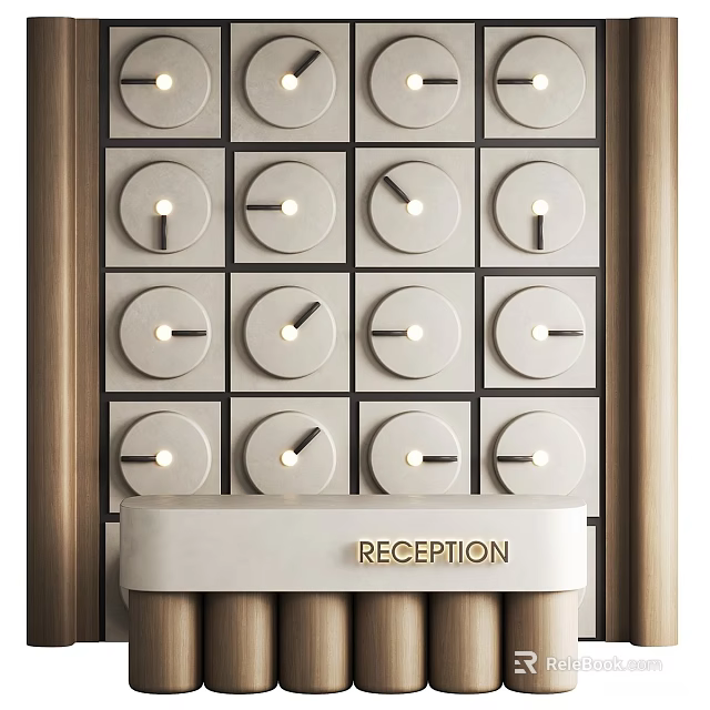 Modern Reception Desk With Golden Lettering Neatly Arranged Circular Elements Wooden Frame And White Panel 3d model 