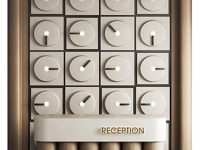 Modern Reception Desk With Golden Lettering Neatly Arranged Circular Elements Wooden Frame And White Panel 3d model
