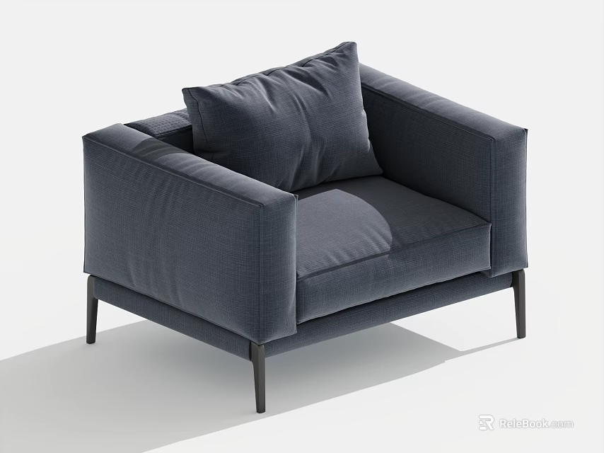 Modern Dark Blue Single Seater Sofa With Cushion And Black Slim Legs 3d model 