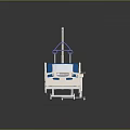 Adjustable Medical Bed With Blue Mattress White Frame And Side Rails On Wheels