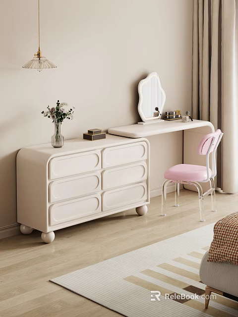 White Dressing Table With Drawers Pink Chair Transparent Legs Mirror Vase Flowers And Books 3d model 