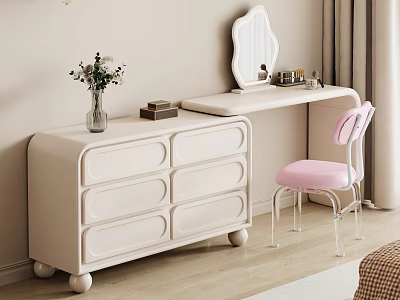 White Dressing Table With Drawers Pink Chair Transparent Legs Mirror Vase Flowers And Books 3d model
