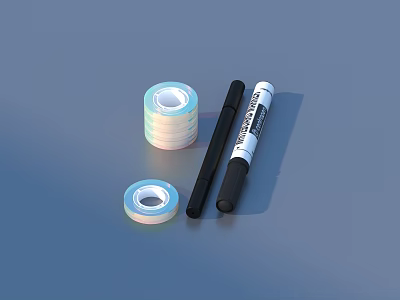 Essential Daily Life Supplies Including Transparent Tape Stacks and Black Markers 3d model