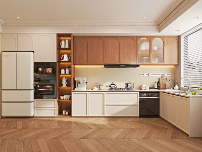 Modern Kitchen Interior With Wooden And White Cabinets White Countertop Appliances And Herringbone Wood Floor 3d model