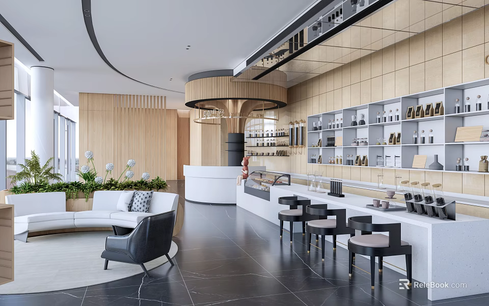 Modern Café Interior Design With Wooden Paneling Bar Seats And Green Plants 3d model 