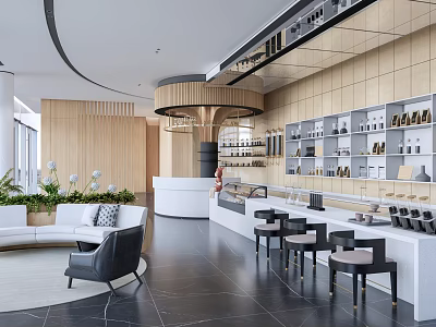 Modern Café Interior Design With Wooden Paneling Bar Seats And Green Plants 3d model