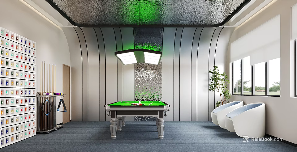 Modern Billiard Room Interior With Pool Table And Green Lighting 3d model 