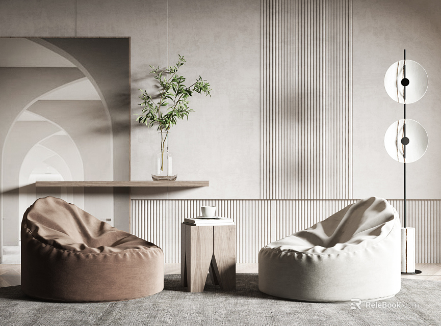 Modern Bean Bag Chairs In Neutral Tones With Side Table Plant And Floor Lamp 3d model 