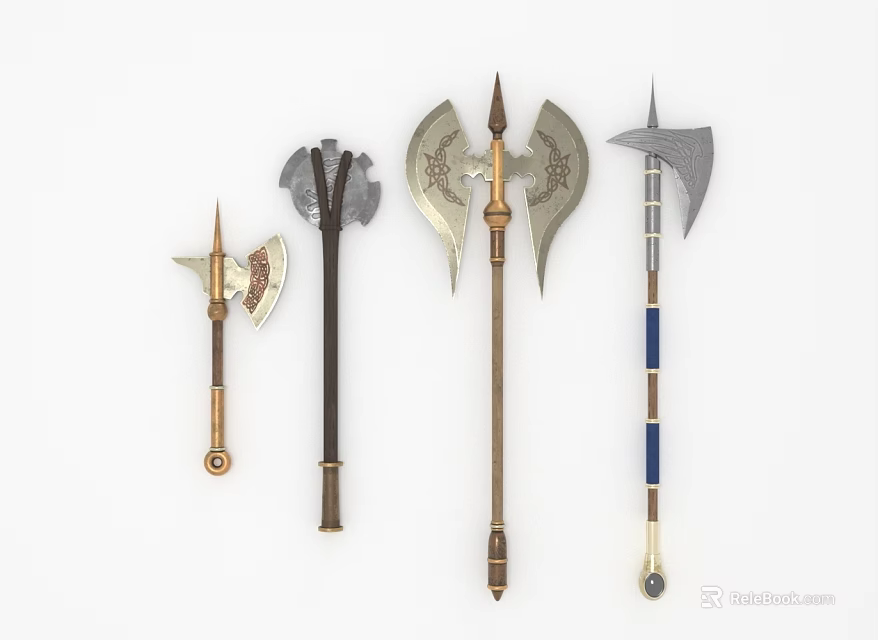 Collection of Decorative Axes with Ornate Handles and Varied Blade Designs 3d model 