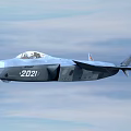 Modern Fighter Jet Flying with Numbered 2021 in Blue Sky and White Clouds