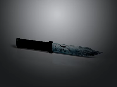 Knife With Black Handle And Blue Patterned Blade On Gray Background With Shadow 3d model