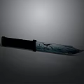 Knife With Black Handle And Blue Patterned Blade On Gray Background With Shadow