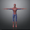 Man in SpiderMan Costume with Arms Outstretched Standing Against Gray Background