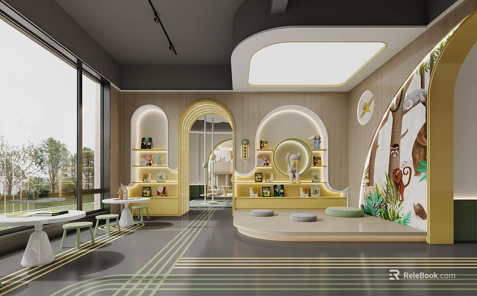 Modern Indoor Playground With Arch Design Shelves And Animal Art 3d model 