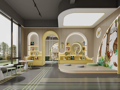 Modern Indoor Playground With Arch Design Shelves And Animal Art 3d model